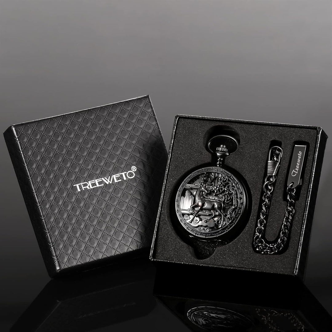 Treeweto Vintage Taschenuhr, mechanisch, doppelter Abdeckung, hohles Gehäuse, Skelett, Steampunk, Hi