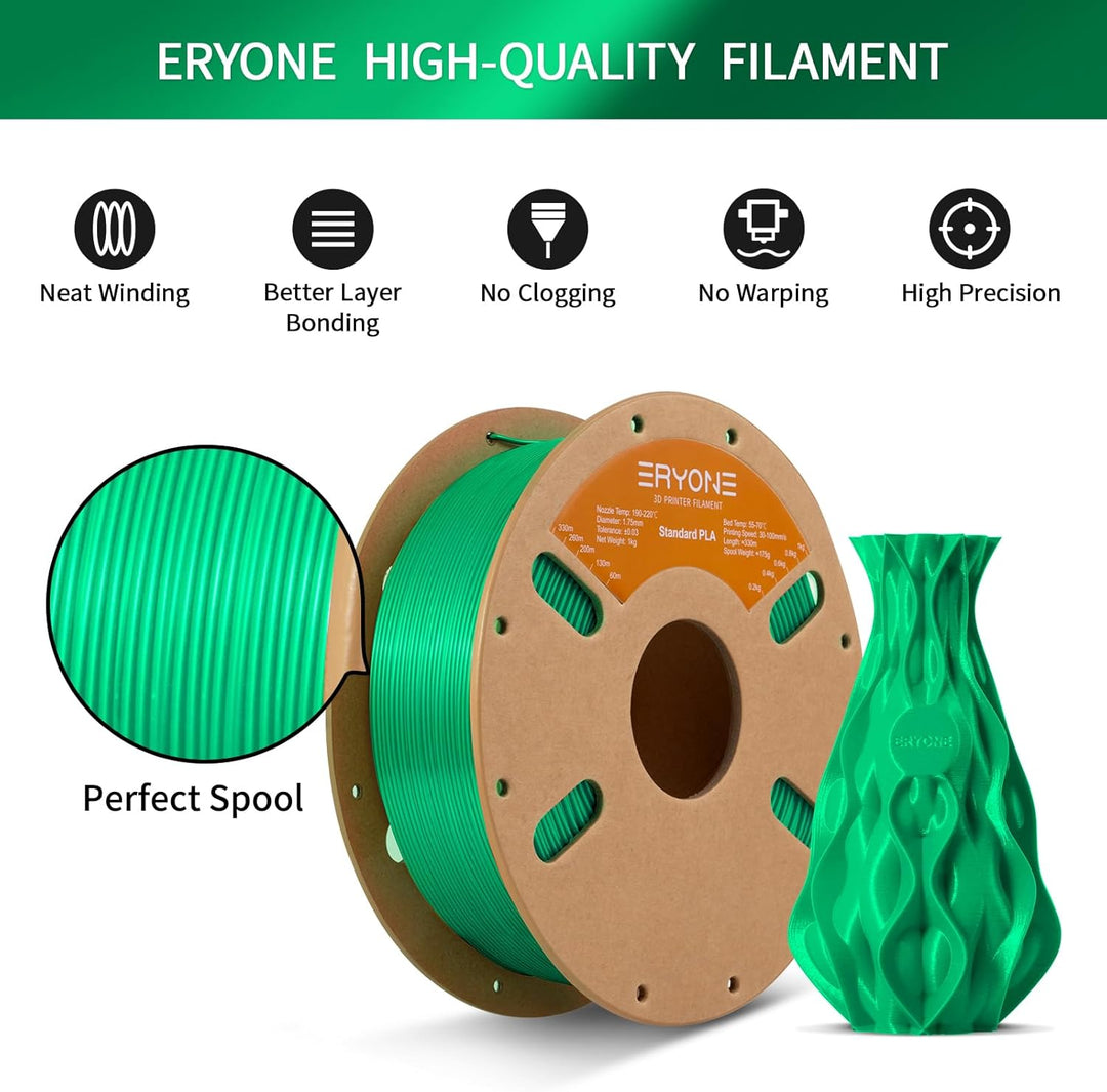 ERYONE PLA Filament 1.75 mm, 3D Drucker Filament PLA, Massgenauigkeit +/- 0,03 mm 1 kg/Spule, Grün A