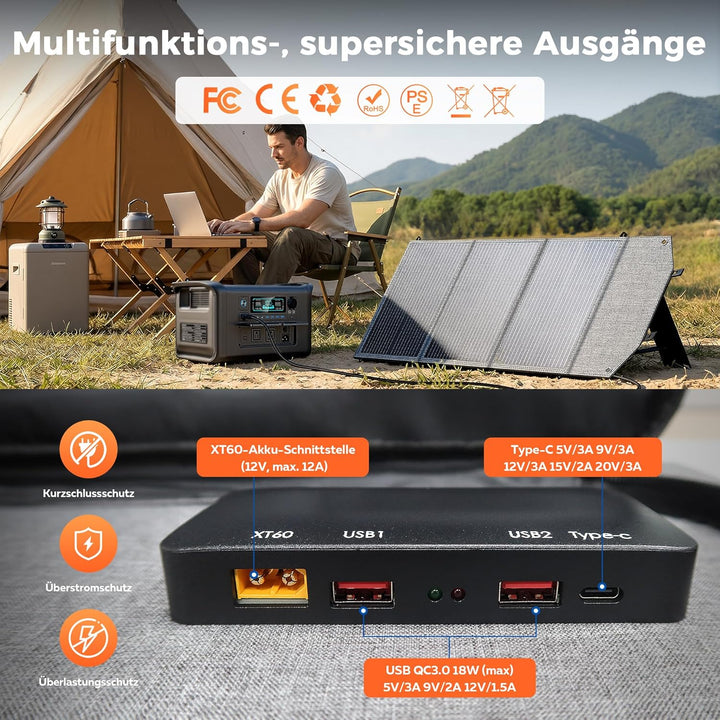 100W Solarpanels Faltbar Solarmodul, Faltbares Solarpanel mit USB-C PD 45W &amp; USB-A QC 3.0, Wasserdic