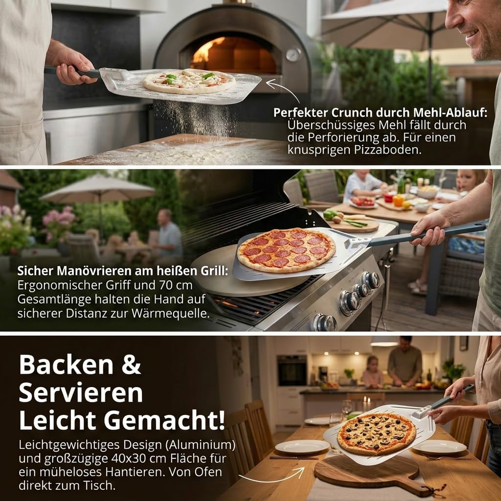 Pizzaschieber 40 * 30cm 12 Zoll Aluminium Pizzaschieber perfekter Grösse und perforiertem Design für