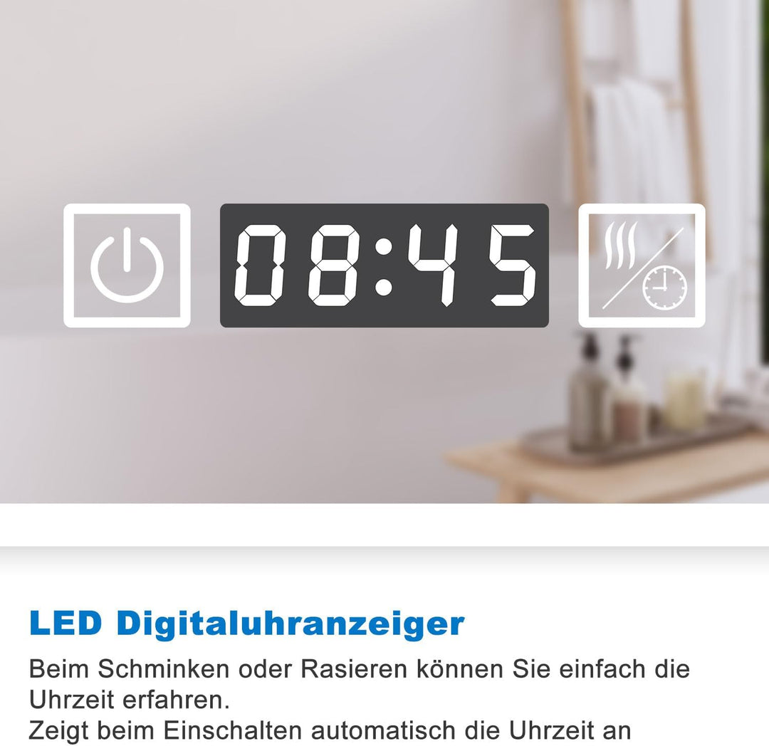 Badspiegel LED 140x80cm LED Spiegel mit Beleuchtung Bluetooth Uhr Beschlagfrei Badezimmerspiegel 3 L