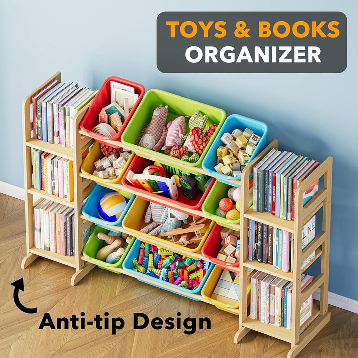 SpaceAid Spielzeug-Organizer mit 6 Regalen und 12 Behältern, Bücherregal/Bücherregal, Kinder-Mülleim
