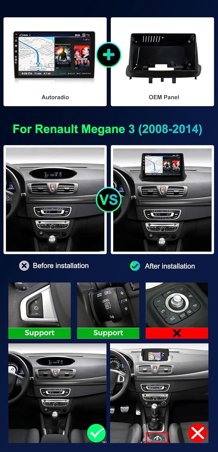 SXAUTO ¦8G+256G¦ Android 12 IPS Autoradio für Renault Megane 3 (2008-2014) - Eingebaut Carplay/Andro