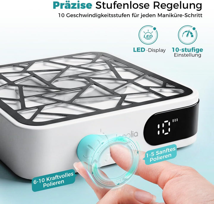 Janolia Nagelstaubsauger - Kabellos, 6000 U/min &amp; 10-stufig Einstellbar, mit 30 Filterpapieren für S
