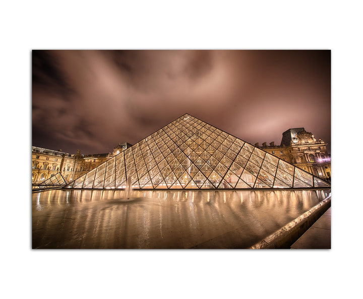 Paul Sinus Art 120x80cm - WANDBILD Paris Louvre Pyramide Wasser Dämmerung - Leinwandbild auf Keilrah