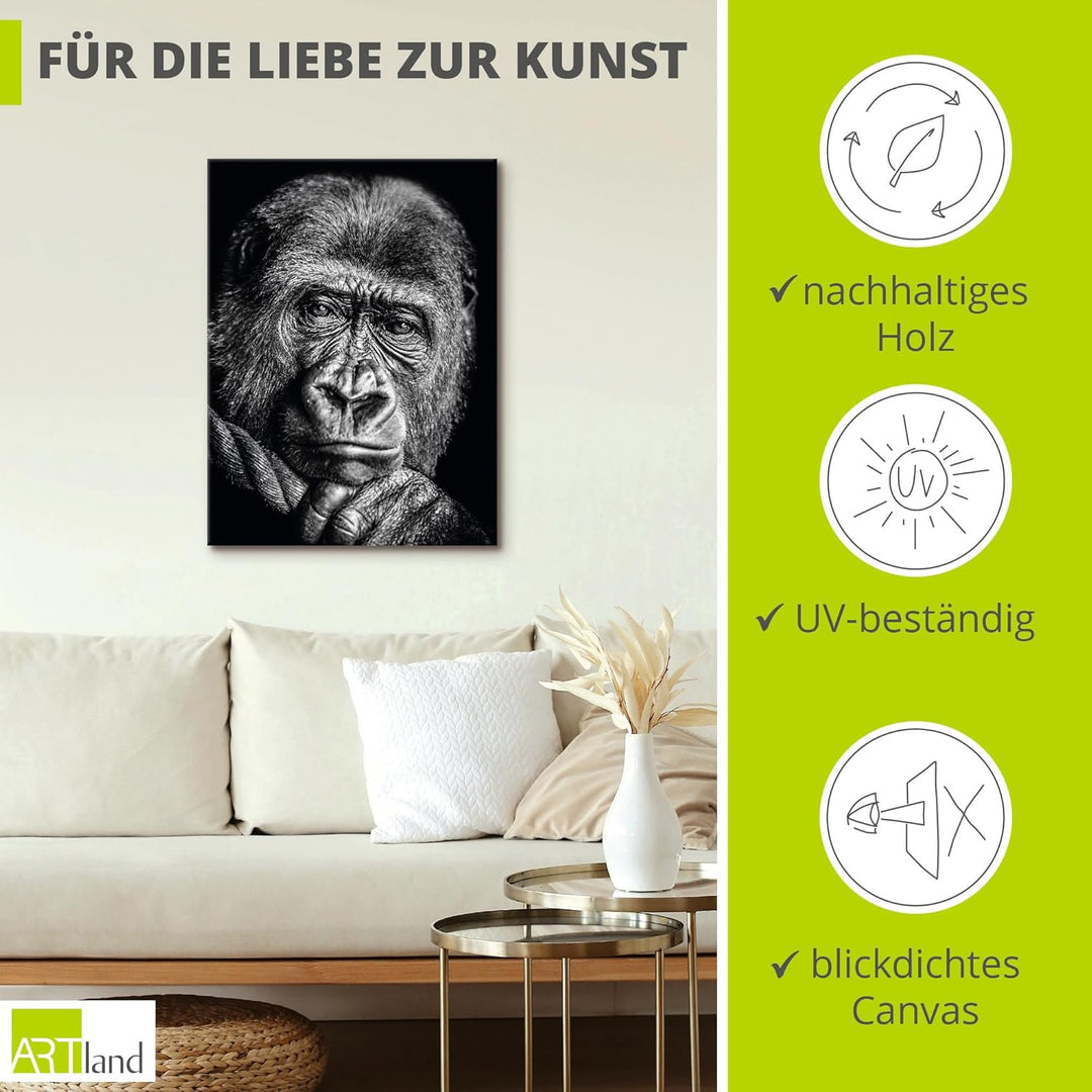 ARTland Leinwandbilder Wandbild Bild auf Leinwand 30x40 cm Wanddeko Gorilla Porträt Tiere Affe Asien