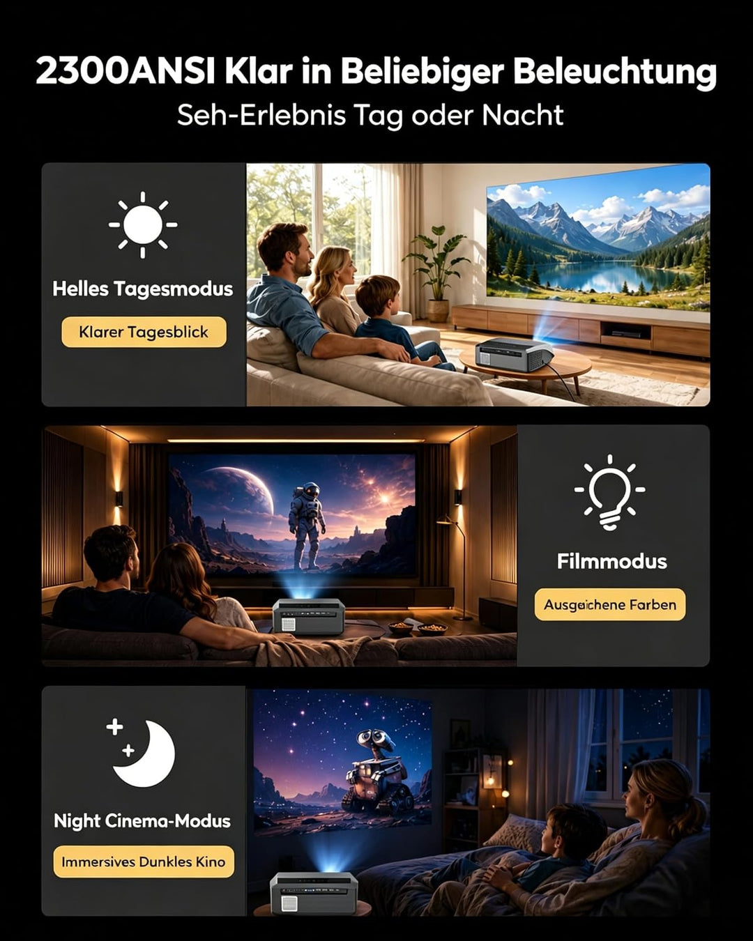Beamer 4K Heimkino 2300 ANSI Tageslicht Beamer mit WiFi6, Bluetooth5.2, Autofokus Full HD LED Smart