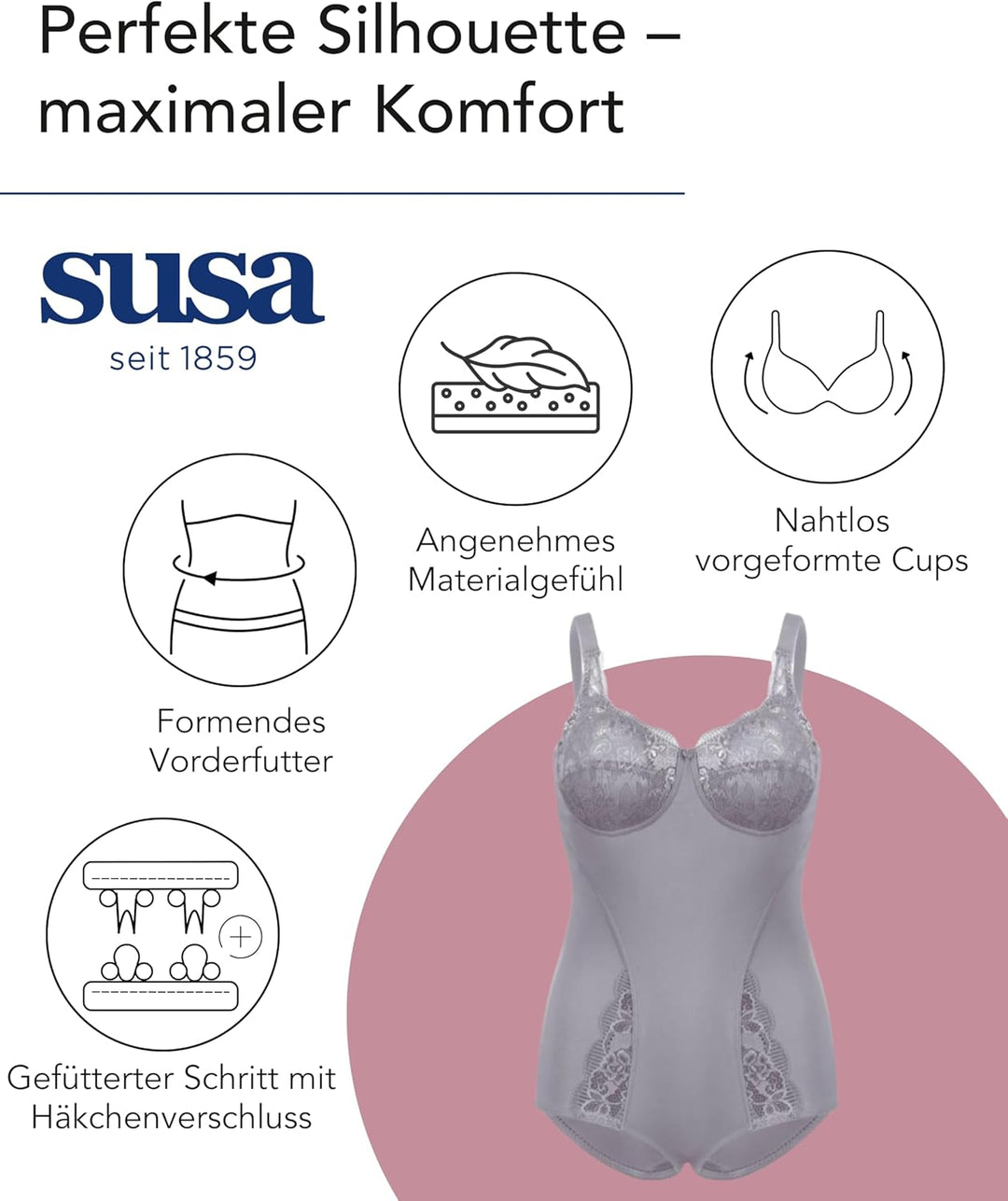 SUSA Body ohne Bügel Latina I Body Shapewear Damen stark formend I Frauen Mieder I Softer Bodysuit m