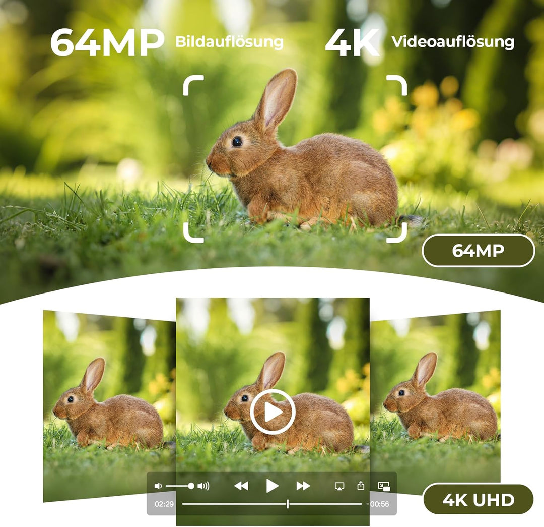 WOLFANG Wildkamera, 64 MP WLAN mit Handyübertragung-App, 4K Doppellinse Video Wildtierkamera mit Bew