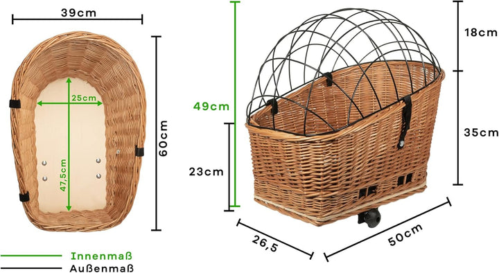 Tigana Hundefahrradkorb für Gepäckträger aus Weide Natur 60 x 39 cm Gitter Tierkorb Hinterradkorb Hu