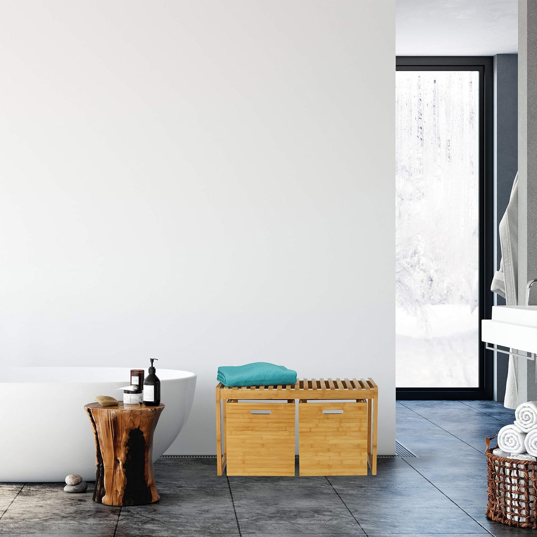 Relaxdays Sitzbank mit Stauraum, Bambus, 2 Aufbewahrungsboxen, Bank für Flur, Bad, Garderobe, HBT 44