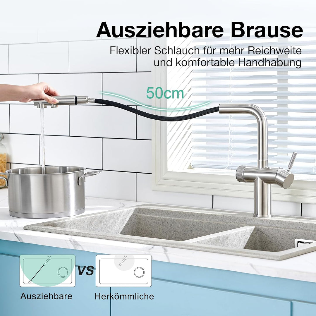 Faustina 3 Wege Küchenarmatur mit Brause ausziehbar, Doppelhebel Armatur Wasserhahn Spültischarmatur