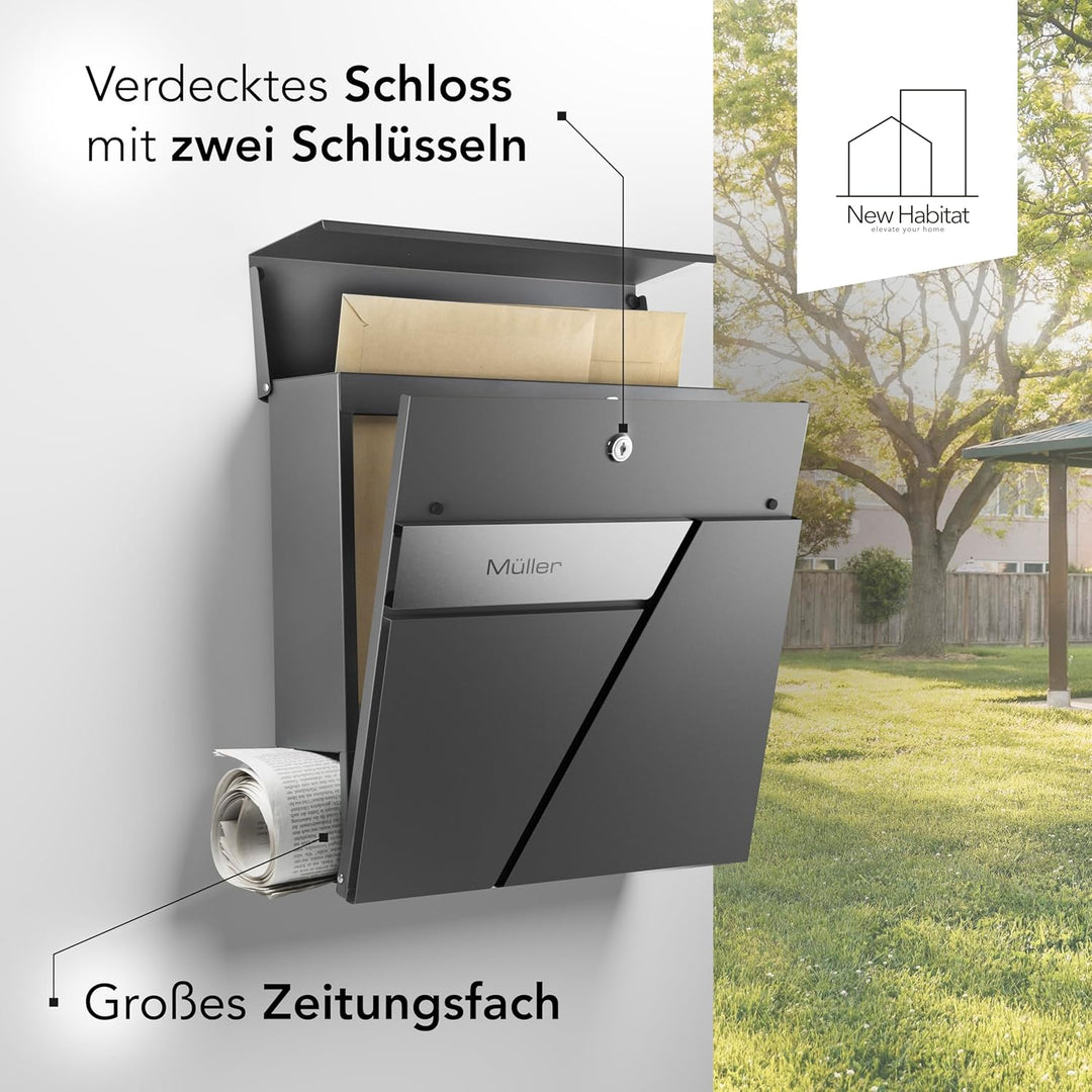 Moderner Briefkasten Personalisierbar Amsterdam Anthrazit RAL7016 - mit Zeitungsfach - Wandbriefkast
