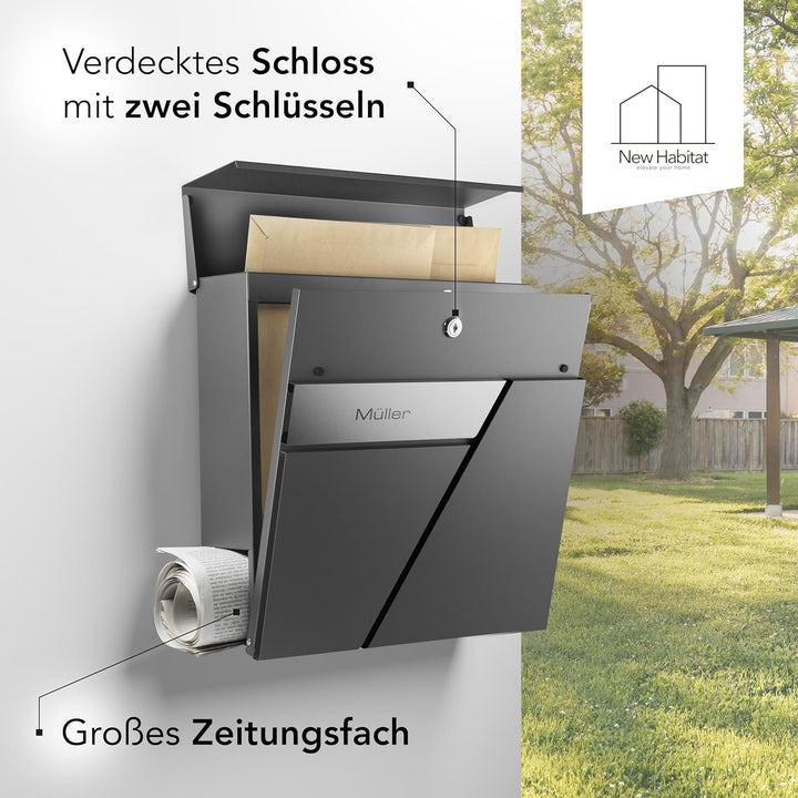 Moderner Briefkasten Personalisierbar Amsterdam Anthrazit RAL7016 - mit Zeitungsfach - Wandbriefkast