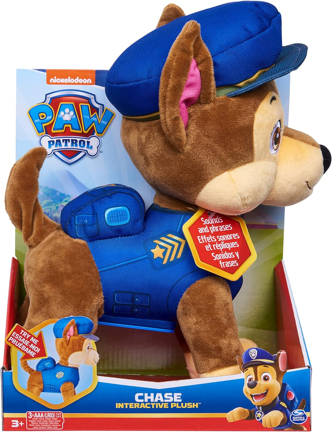 PAW PATROL Interaktives Plüschtier Chase - mit wedelndem Schwanz, 20+ Geräuschen und Musik, ca. 32 c
