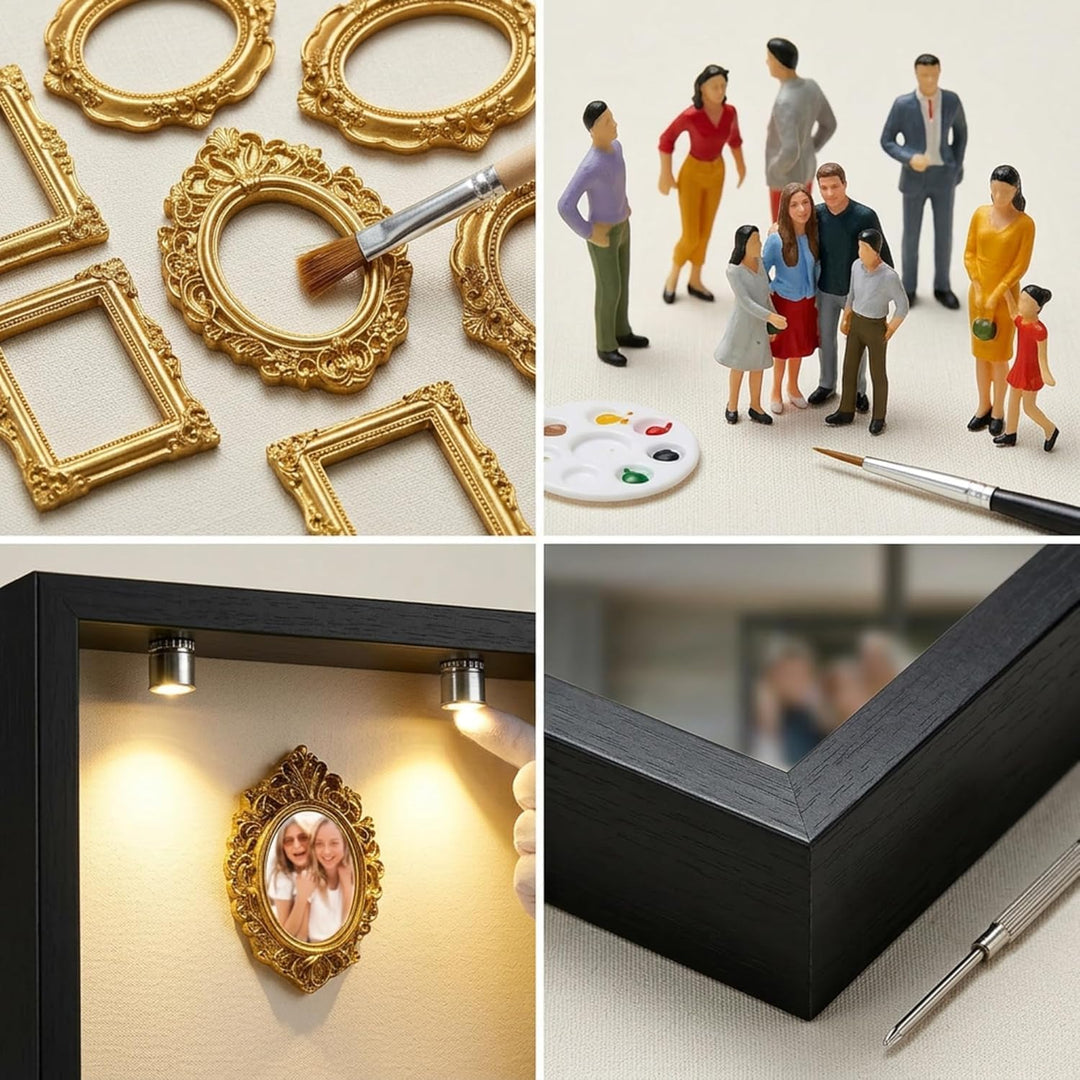 DIY Mini Museum Bilderrahmen Set mit LED Licht, Silhouettenbox mit 8 Mini Goldrahmen & Figuren, Krea