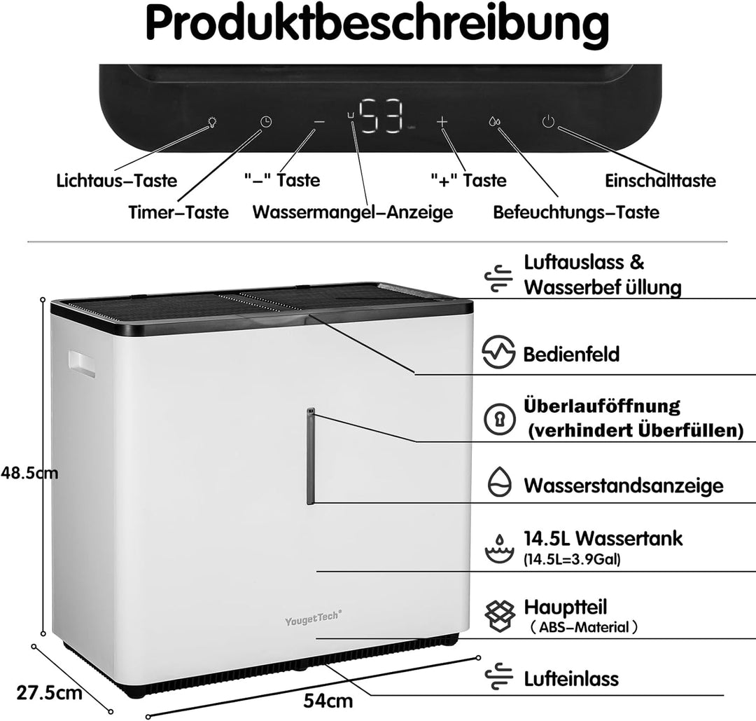 14.5 L Top Fill Luftbefeuchter, Verdunstungsme Luftbefeuchter, 3000 ml/h, automatische Abschaltung,
