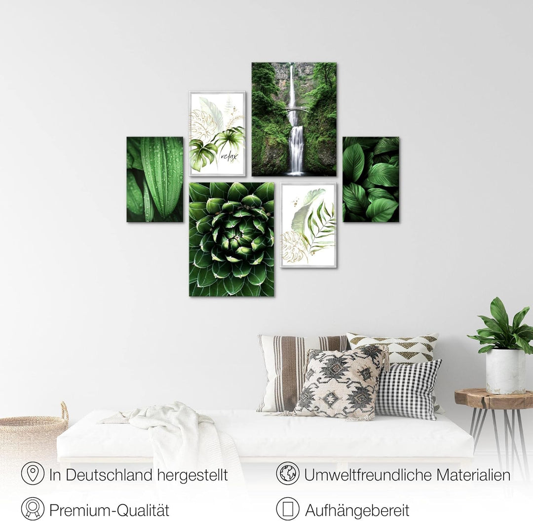 Novart Bilder Set - AUFHÄNGFERTIG - KEIN EXTRA RAHMEN BENÖTIGT - Grüne Blätter Wasserfall Modern Pfl
