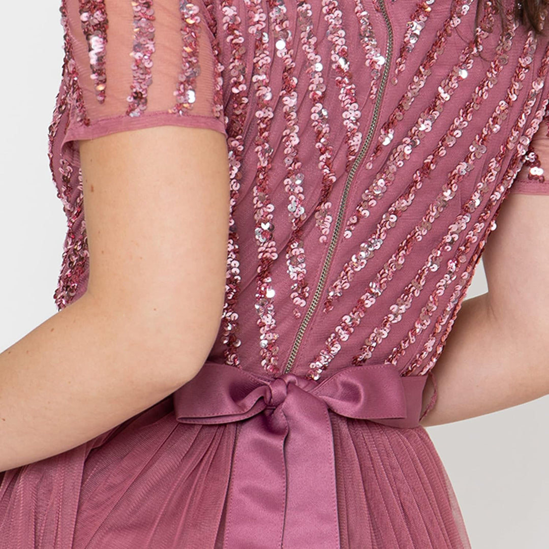 Maya Deluxe Damen Ballkleid Abendkleid V-Ausschnitt Maxi Länge Pailletten Kurze Ärmel für Hochzeit G