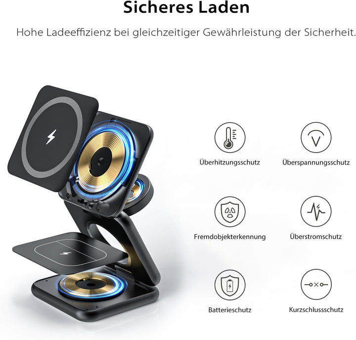 KU XIU X40 Induktive Ladestation 3 in 1 – Magnetisches Kabelloses Ladegerät, Faltbares Reiseladegerä