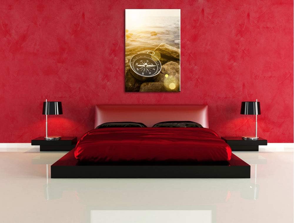 Kompass auf Steinen Reiselust Format: 100x70 auf Leinwand, XXL riesige Bilder fertig gerahmt mit Kei