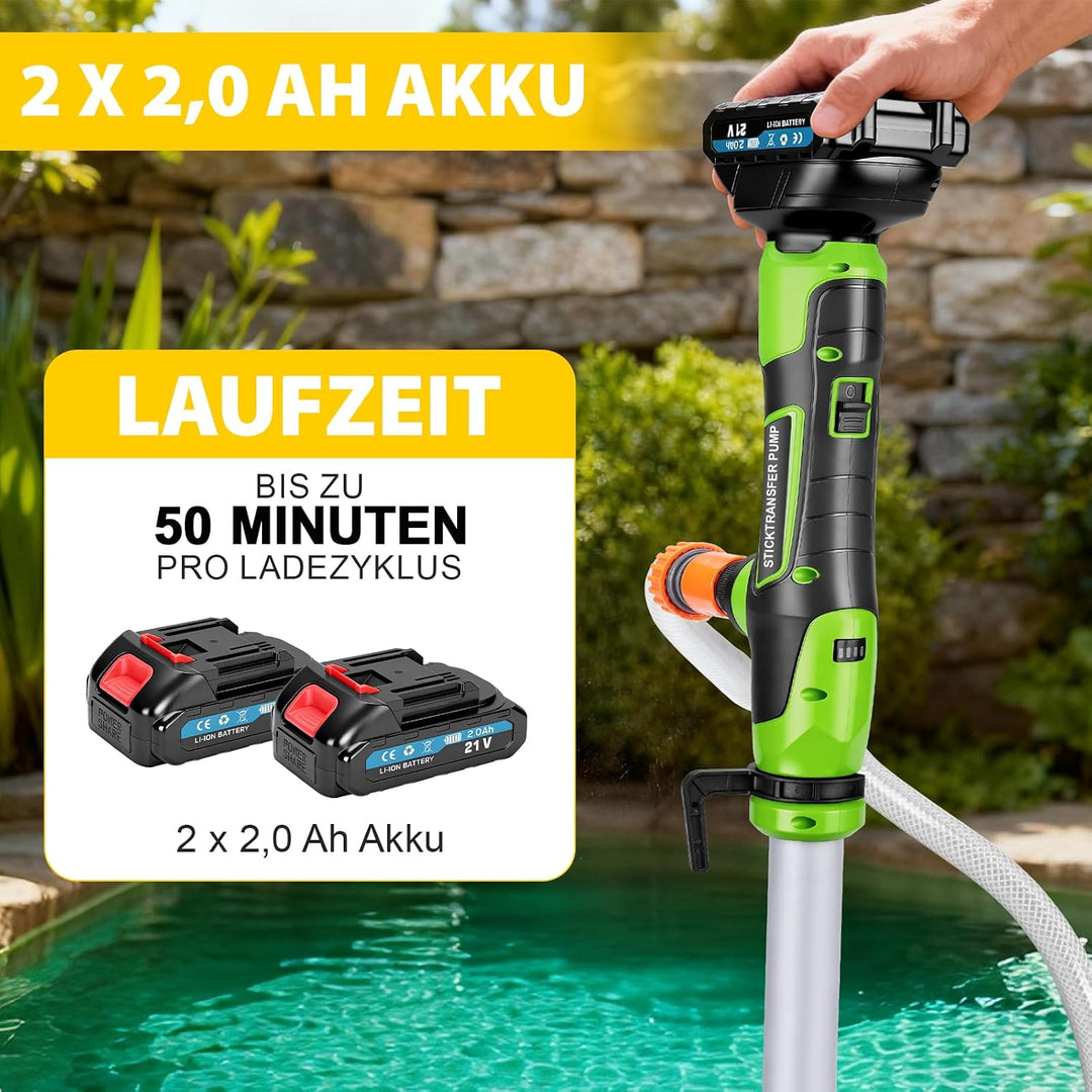 Akku Regenfasspumpe Wasserpumpe mit 2xAkkus, Kabellose Stab-Wasserpumpe, Max. Förderleistung 3000 L/