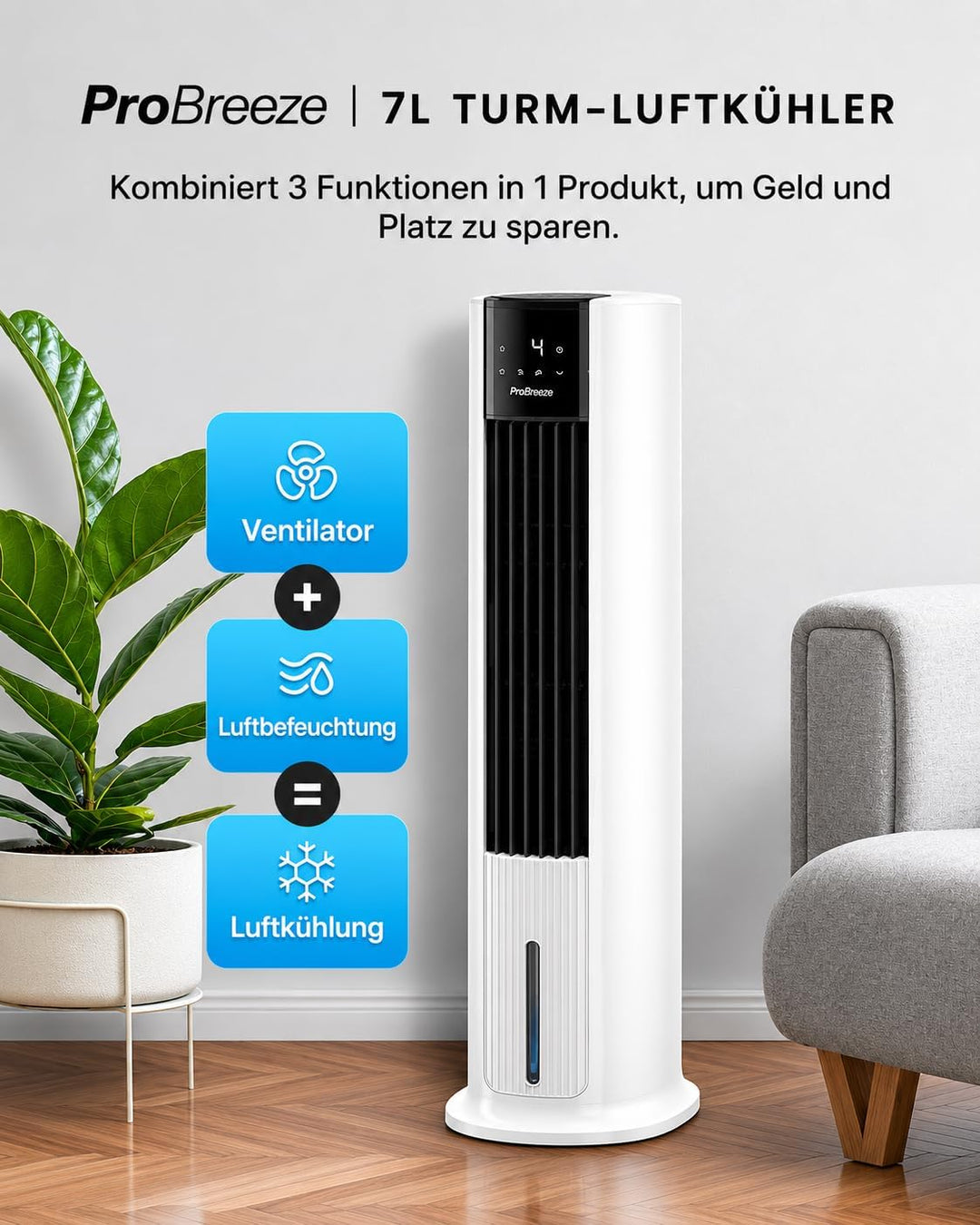 Pro Breeze 7 Liter Mobiler Luftkühler mit 7 Geschwindigkeitsstufen, 3 Betriebsarten & Digitalem Disp