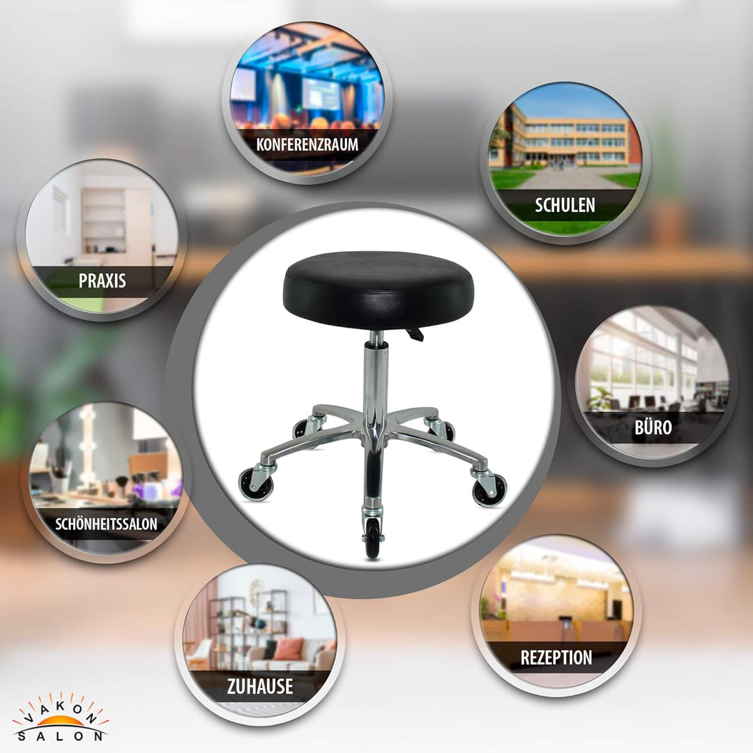 VAKON SALON - Premium Rollhocker höhenverstellbar von 50 bis 65 cm - Rundsitz- Drehhocker Arbeitshoc