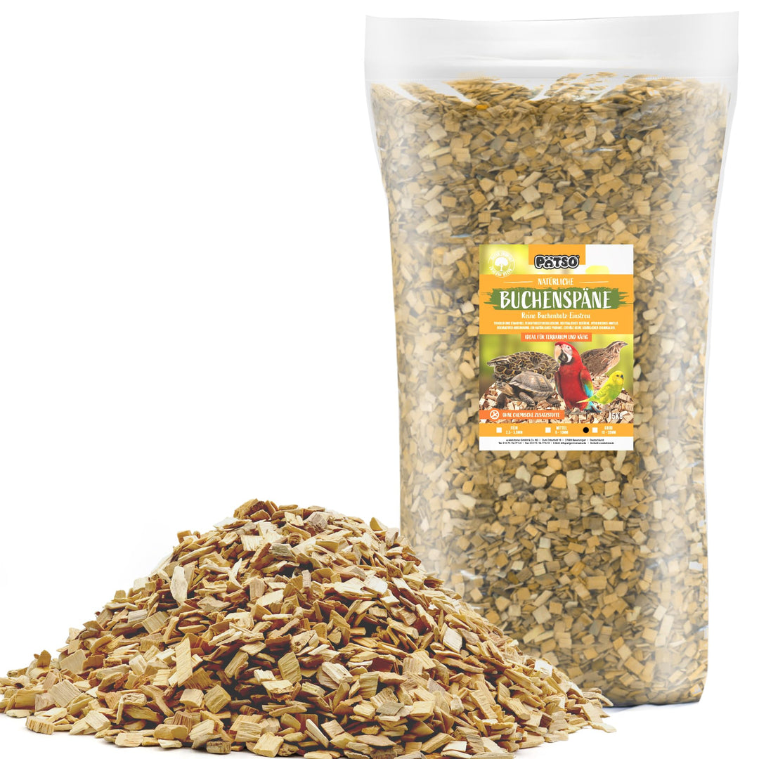 PÄTSO 15kg Buchenspäne Einstreu für Terrarium, Stall, Voliere - FEIN MITTEL GROB - Natürliche Buchen