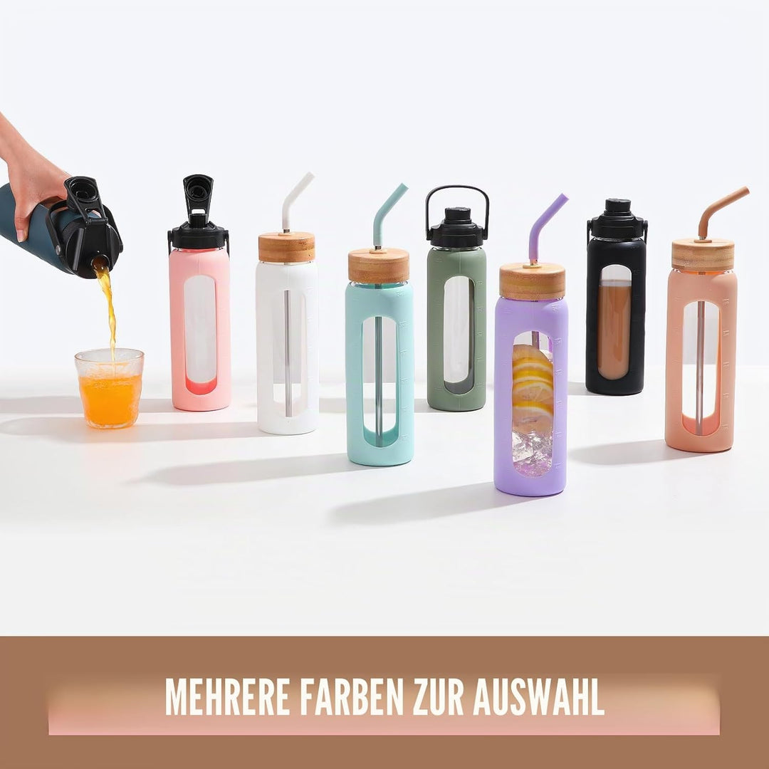 BLUEGO 700ml Glaswasserflasche mit Strohhalm und 2 Deckeln Kaffeetasse aus Glas mit Zeitmarkierung u