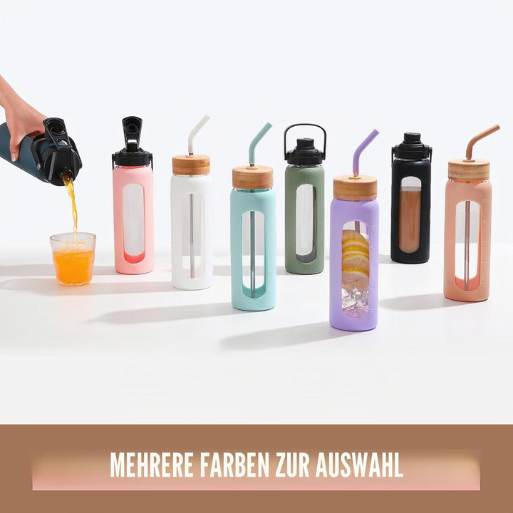 BLUEGO 700ml Glaswasserflasche mit Strohhalm und 2 Deckeln Kaffeetasse aus Glas mit Zeitmarkierung u