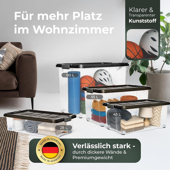 Novaliv 3x Unterbettkommode mit Rollen 28L Aufbewahrungsbox Deckel Anthrazit Nestbar stapelbare mit