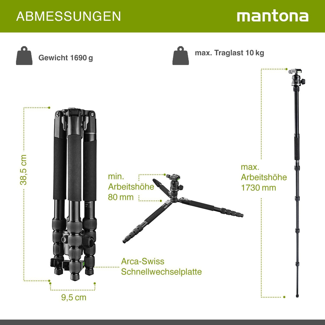 Mantona DSLM Travel Evolution 224 leichtes Allround Reisestativ mit Vollausstattung,360°Panorama Kug