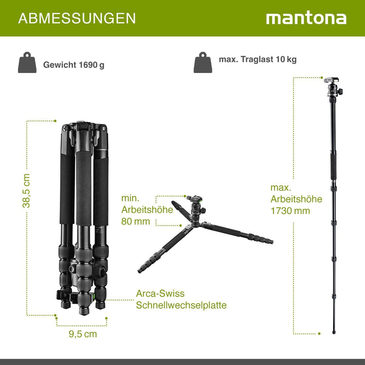 Mantona DSLM Travel Evolution 224 leichtes Allround Reisestativ mit Vollausstattung,360°Panorama Kug