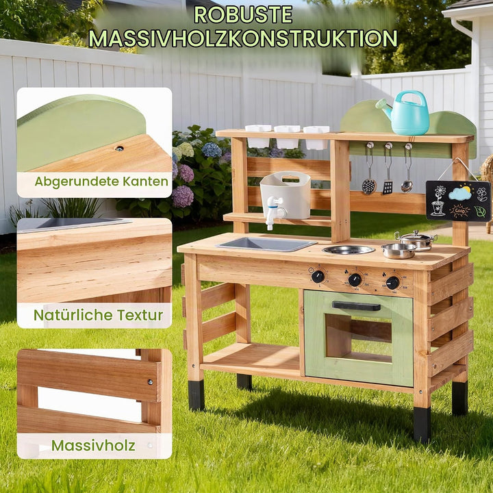 ROBOTIME Grosse Outdoor Matschküche aus Holz für Kinder, Deluxe Spielküche mit Wasserhahn, Spüle, Kr
