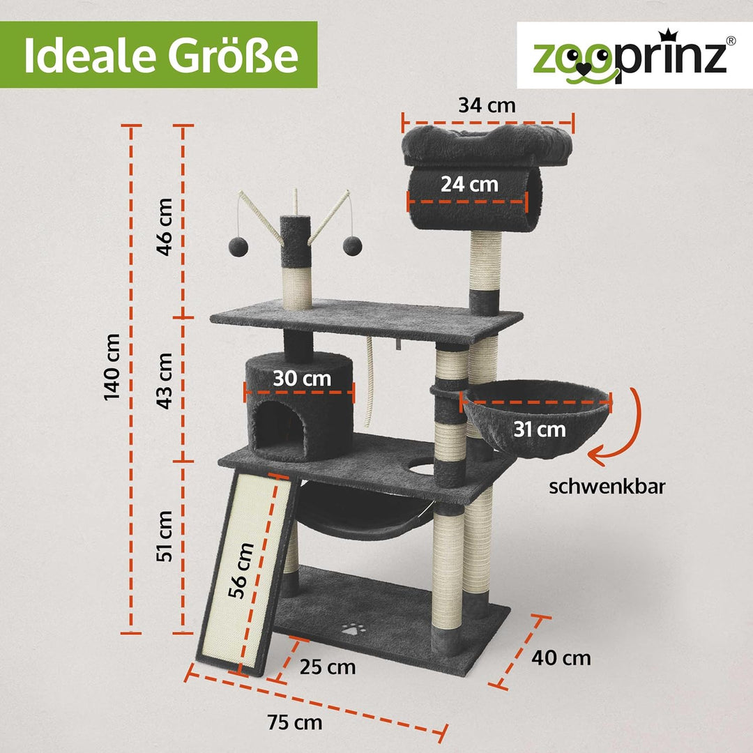 zooprinz extra breiter kratzbaum – XXL Premium Kratzbaum mit dicken Sisal Säulen, Höhle, Hängematte,