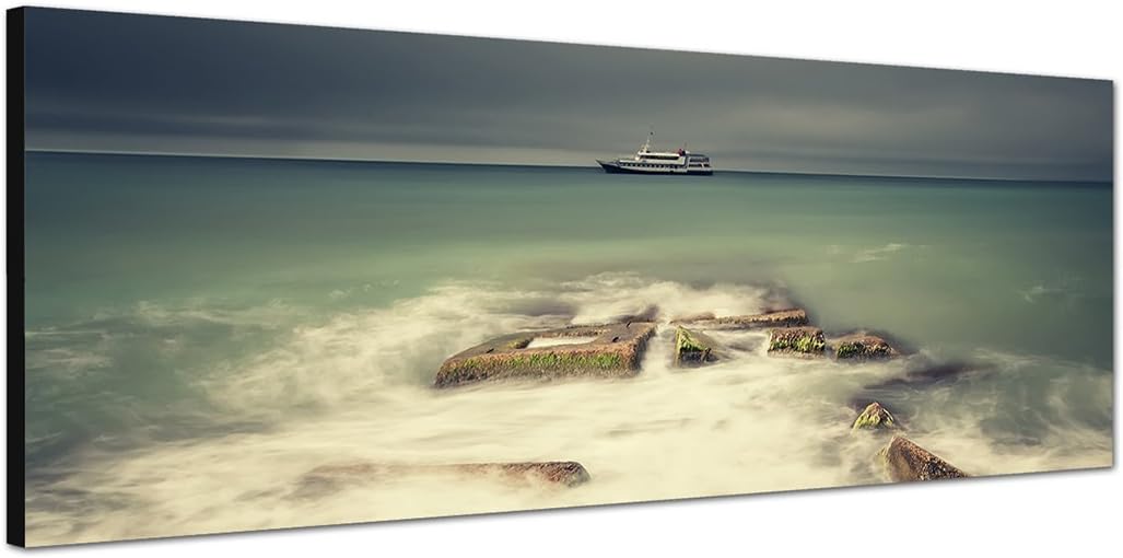 Paul Sinus Art Panoramabild auf Leinwand und Keilrahmen 150x50cm Meer Boot Nebel Steine Gewitterhimm