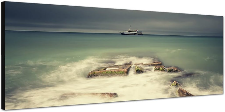 Paul Sinus Art Panoramabild auf Leinwand und Keilrahmen 150x50cm Meer Boot Nebel Steine Gewitterhimm