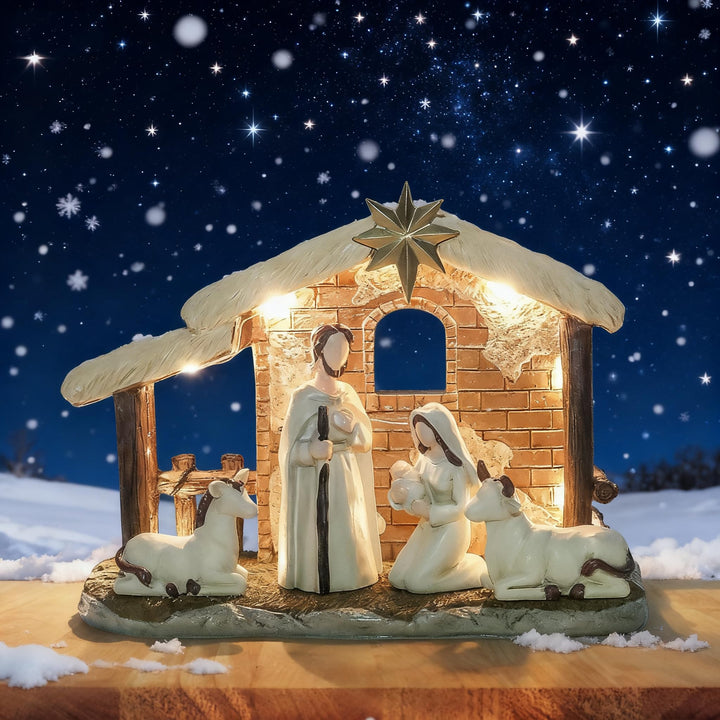 Topsky Krippenfiguren Set – Weihnachtskrippe mit Beleuchtung, 5pcs Krippenset Handbemalt – Weihnacht