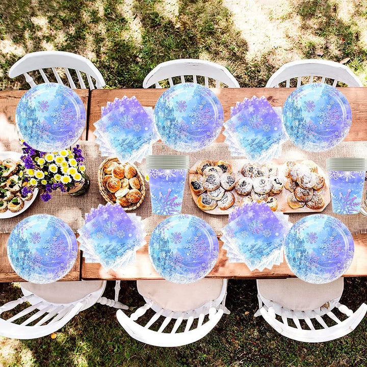 61 Stück Frozen Party Geschirr, Blau und Lila Schneeflocke Geschirr Set, 20 Servietten 20 Pappbecher