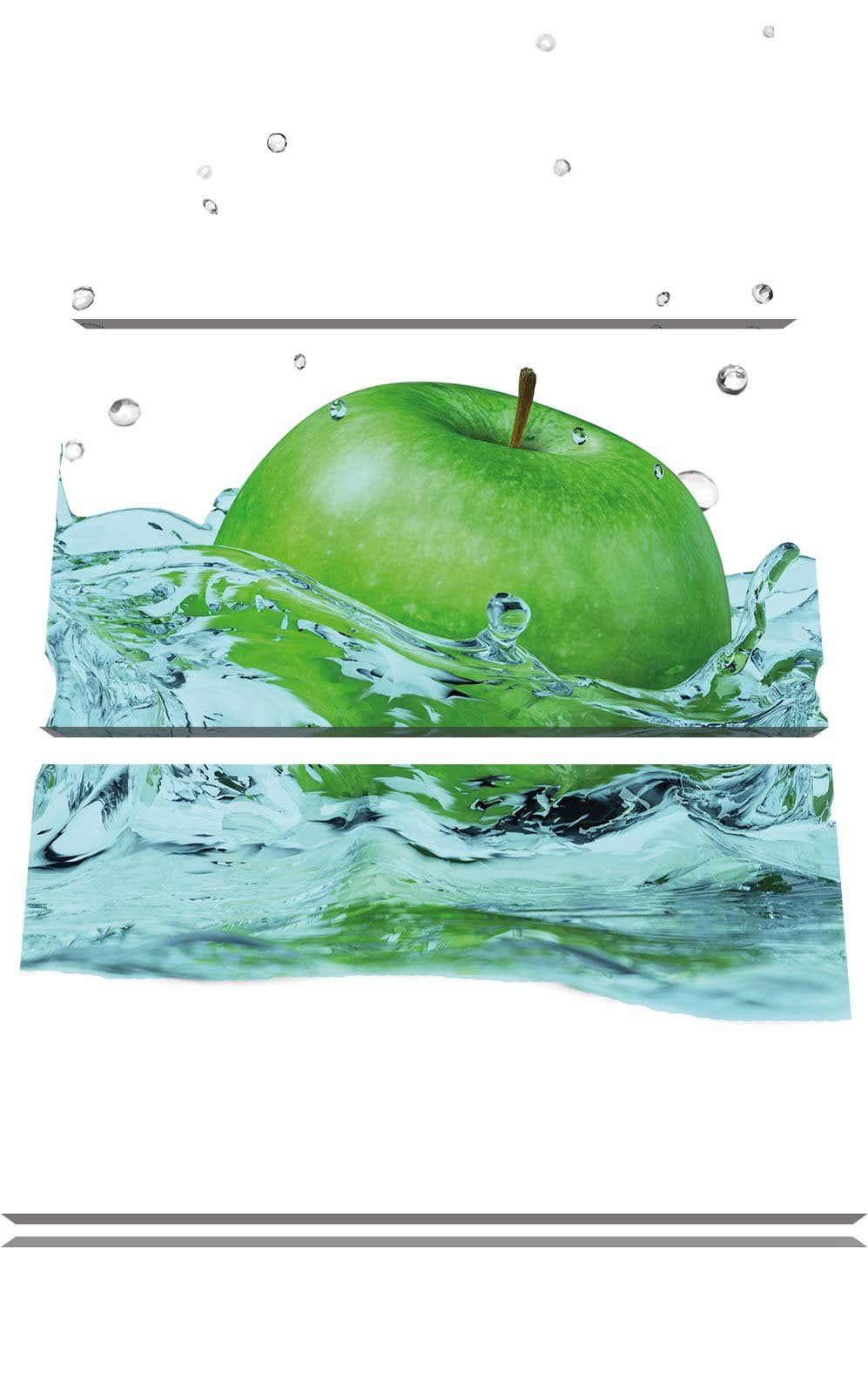 Pixxprint Grüner Apfel fällt in Wasser als Leinwandbild/Grösse: 3 Teilig (120x80) cm/Wandbild/Kunstd