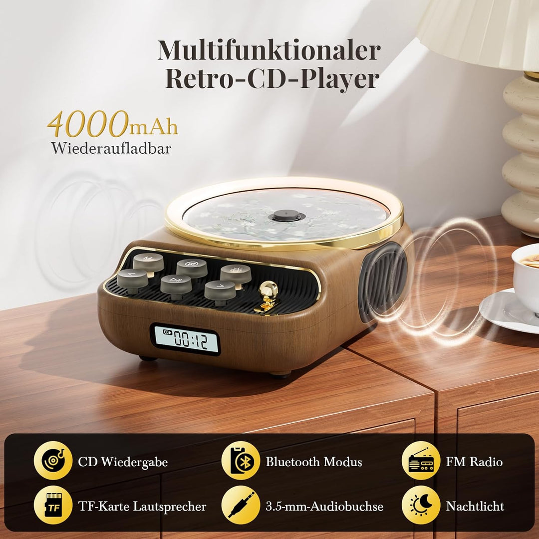 Retro CD Player Tragbar mit Bluetooth 5.3 Lautsprecher HiFi Sound Nachtlicht Staubschutz LED-Bildsch