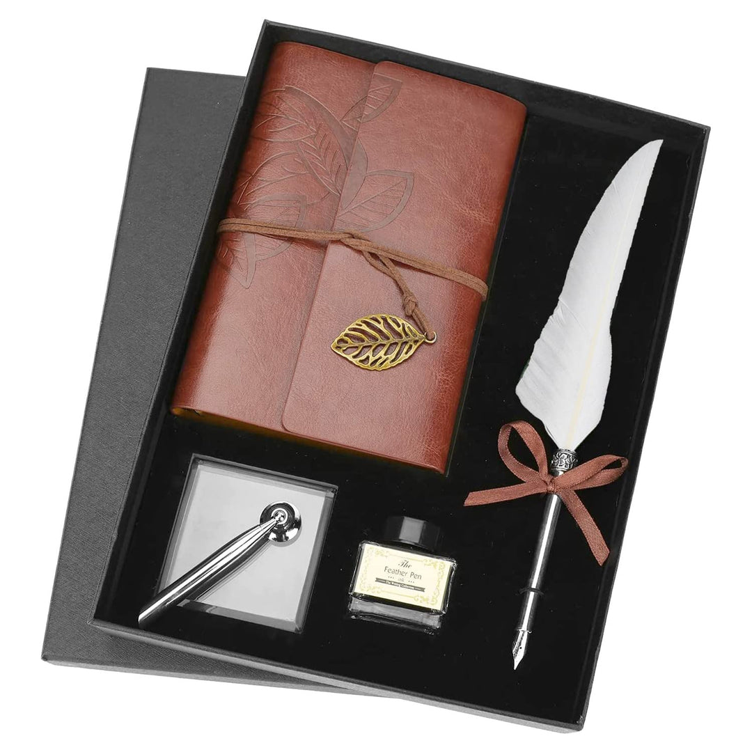 Feather Quill Pen Set, Retro Leder Notizbuch Feather Dip Pen Tintenflasche Set Briefpapier Geschenkb