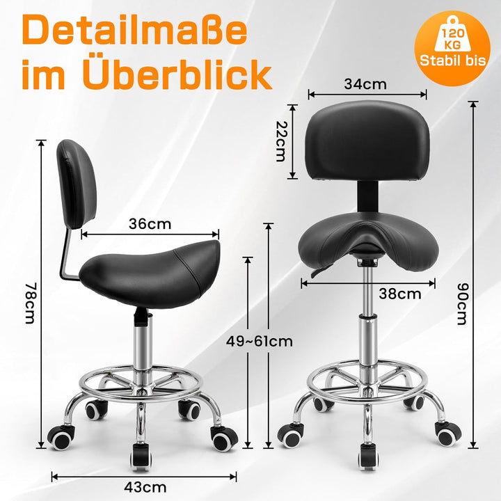 Sattelhocker mit Lehne – 360° drehbarer Hocker mit Rollen und verstellbarer Fussstütze | Sattelhocke