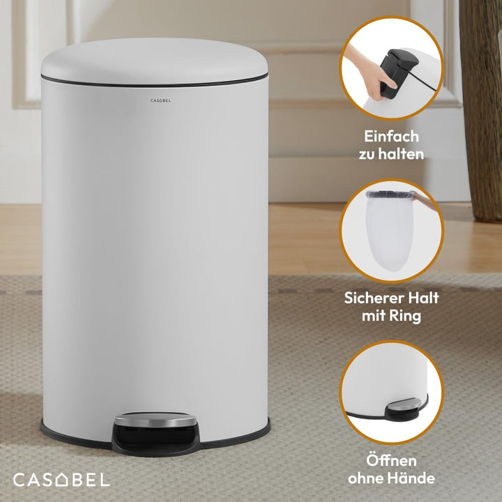 CASABEL Mülleimer Küche 30L - 100% Edelstahl, Resistent gegen Fingerabdrücke, Runder Treteimer mit F