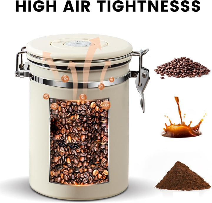 2800ml Edelstahl Kaffeebehälter Luftdicht (304er) Mit Frische- Datumsrad& CO2- Ventil| mit 30ml Mess