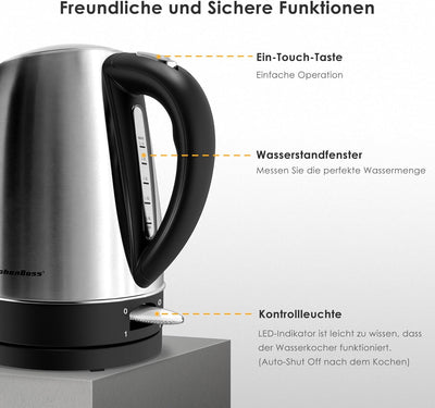 KitchenBoss Wasserkocher 1,7L Wasserkocher Edelstahl：Elektrischer Wasserkocher mit Kalkfilter, Wasse