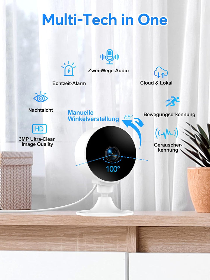 Überwachungskamera Innen 2K 3MP, WLAN Babyphone und Haustierkamera mit Bewegungserkennung, Zwei-Wege