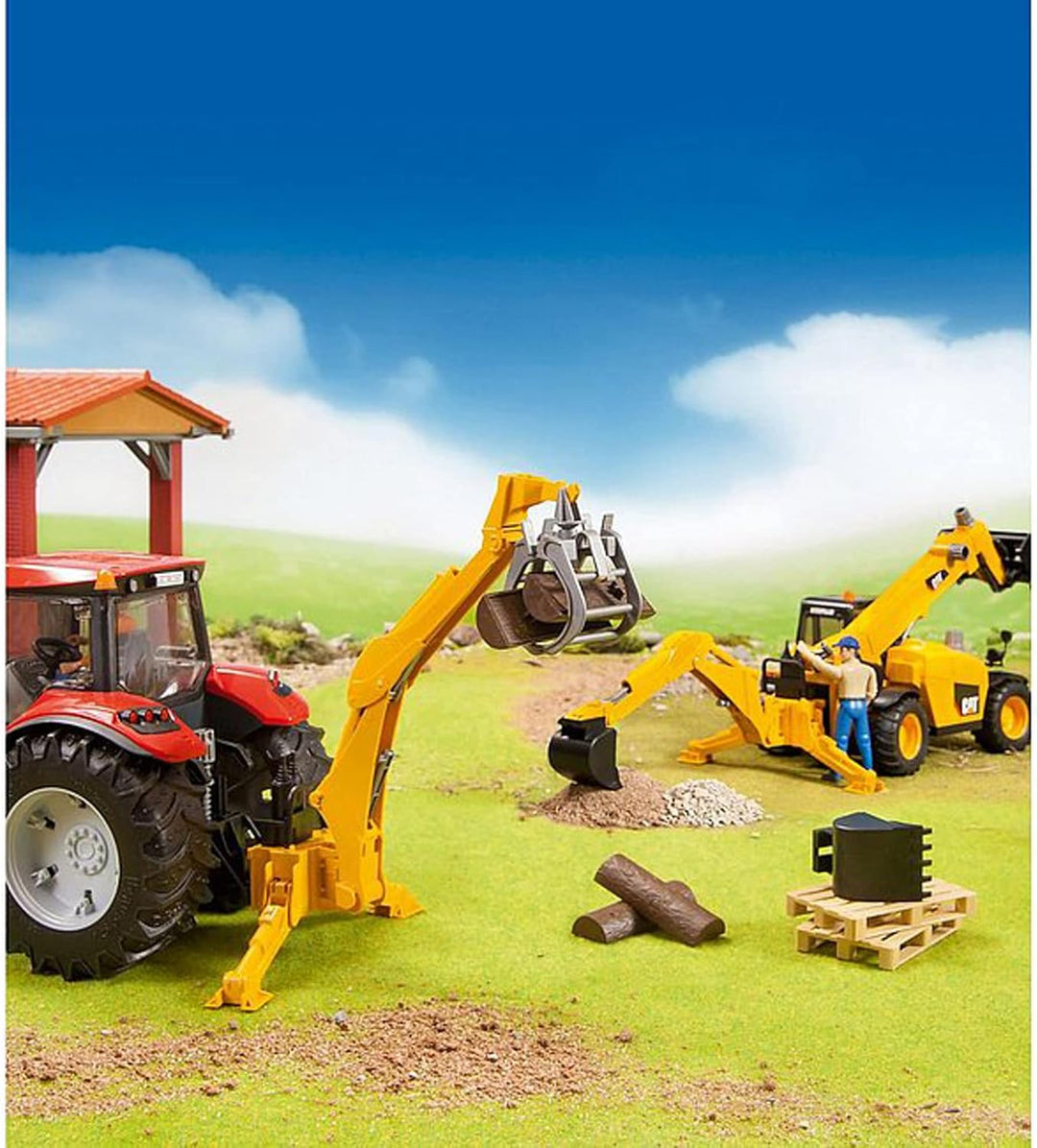 bruder 02338 - Zubehör Heckbagger mit Greifer & Schaufel - 1:16 Traktor Zubehör, Anhänger, Forstwirt
