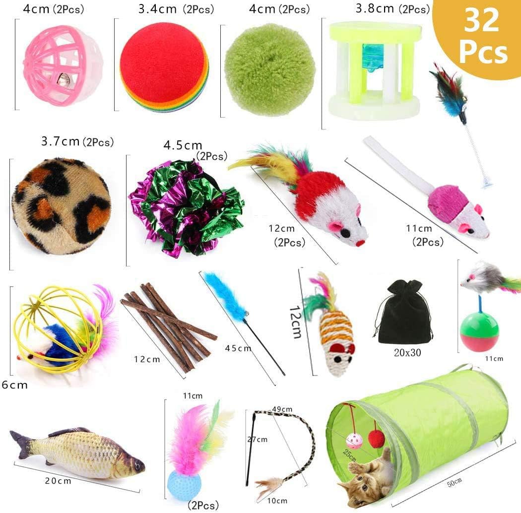 Katzenspielzeug,32 Stück Katzenspielzeug Set mit Katzentunnel,Bälle,Federspielzeug,Plüschspielzeug,S